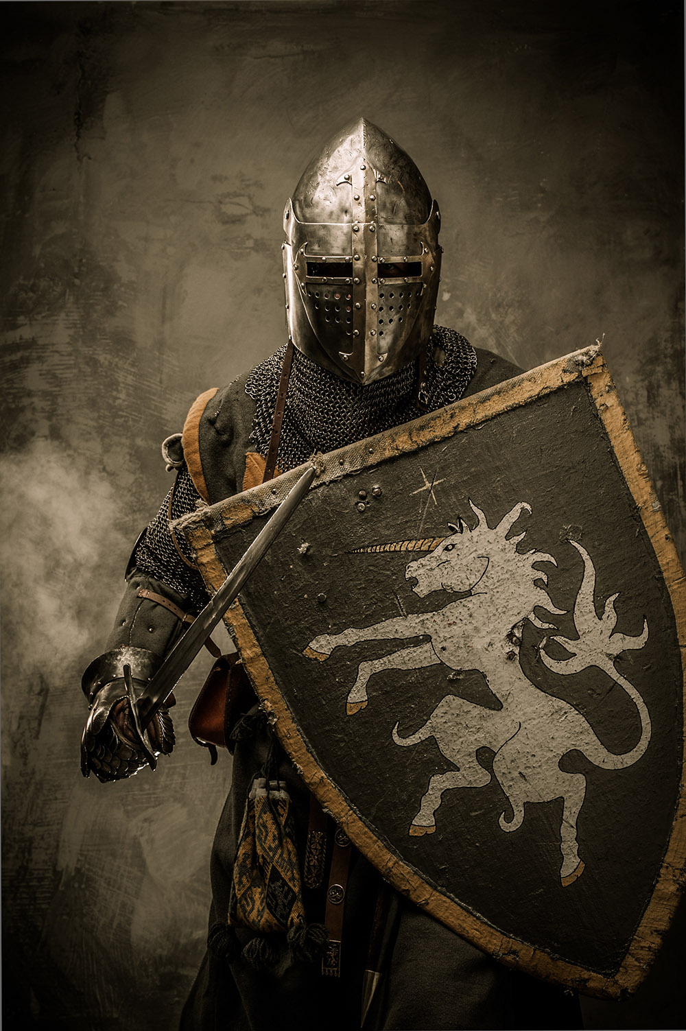 Medieval knight with sword and shield against stone wall