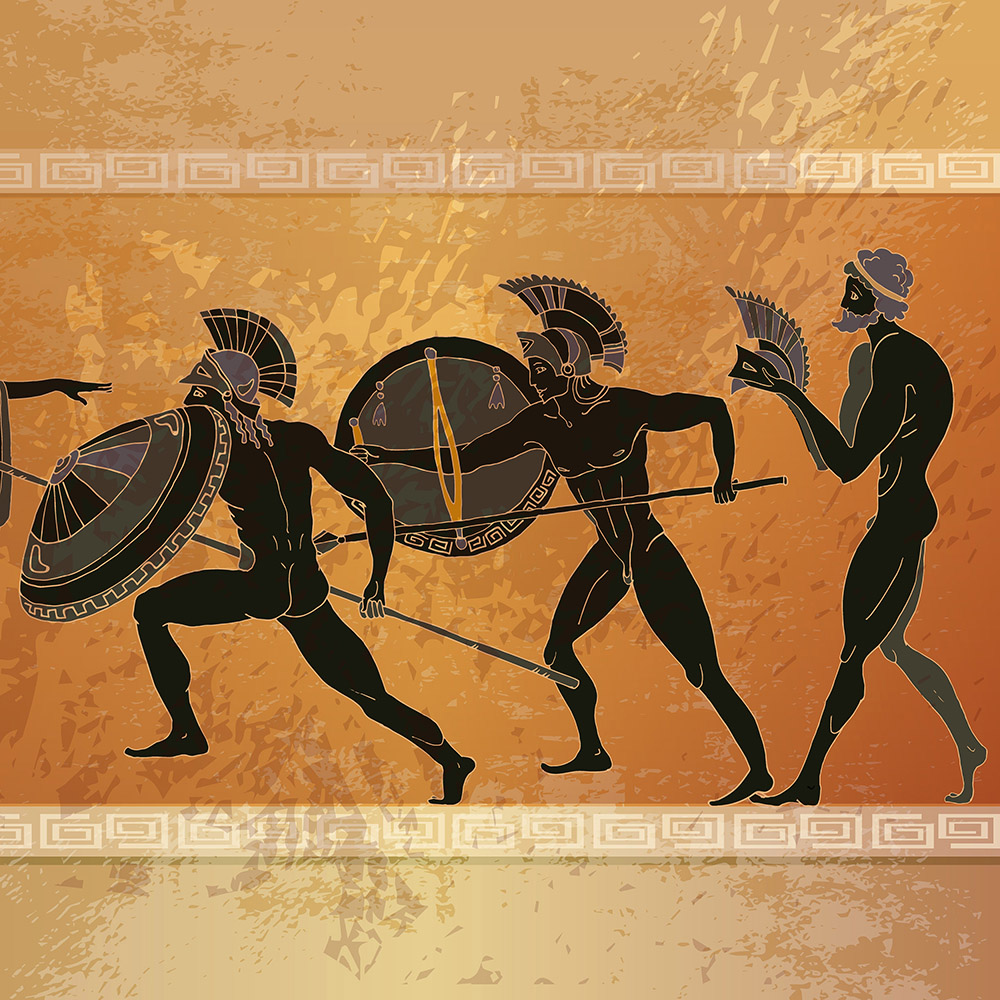 Ancient Greece scene. Black figure pottery. Ancient Greek mythology. Ancient warriors Sparta people, gods of an Olympus. Classical style